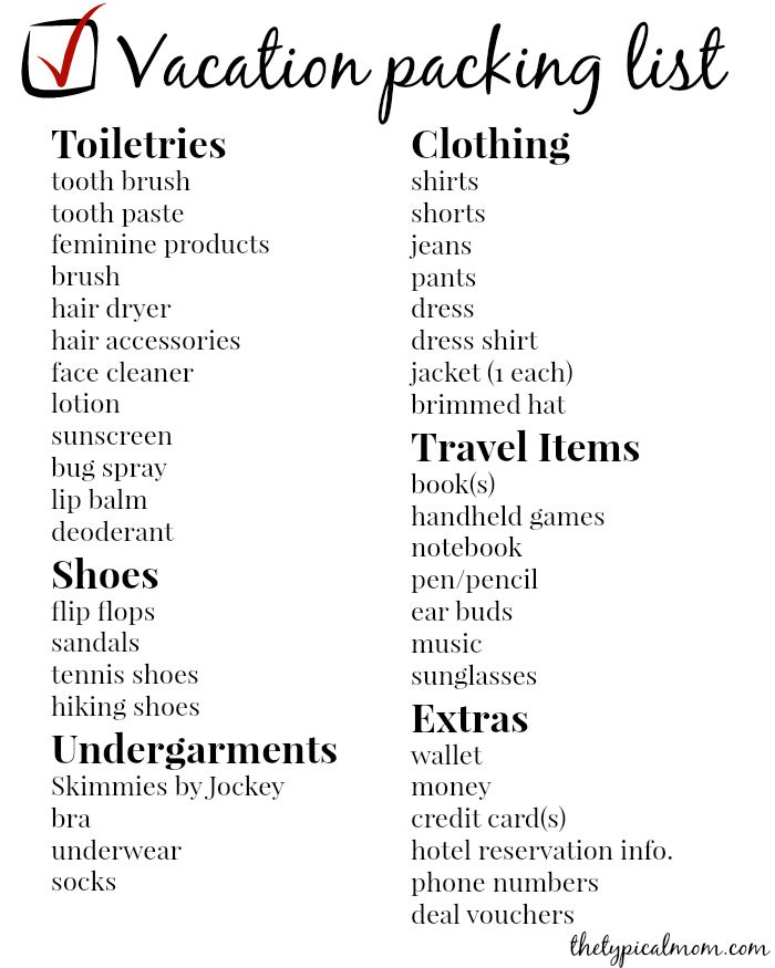 vacation packing list 183 the typical list of things to pack for vacation
